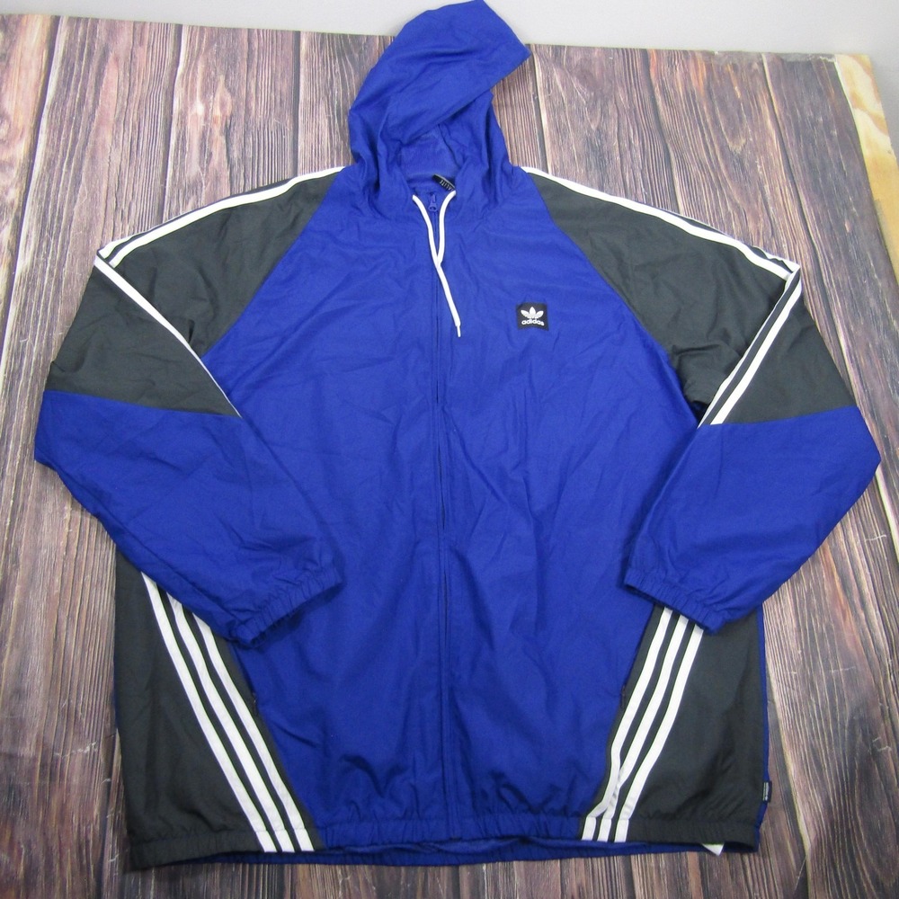 Adidas Jacket Mens 2XL Blue Hooded Full Zip Colorblock Windbreaker 3 Stripes